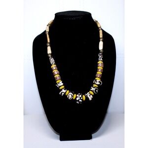 handcrafted Nigerian Trade Bead necklace 24" black white yellow copper clasp